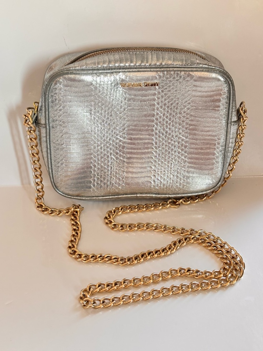 Victoria's Secret Silver Faux Snakeskin Gold-Chain Crossbody Bag